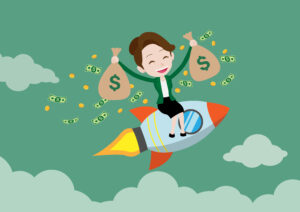 Happy businesswoman flying on rocket and holding dollar money bags